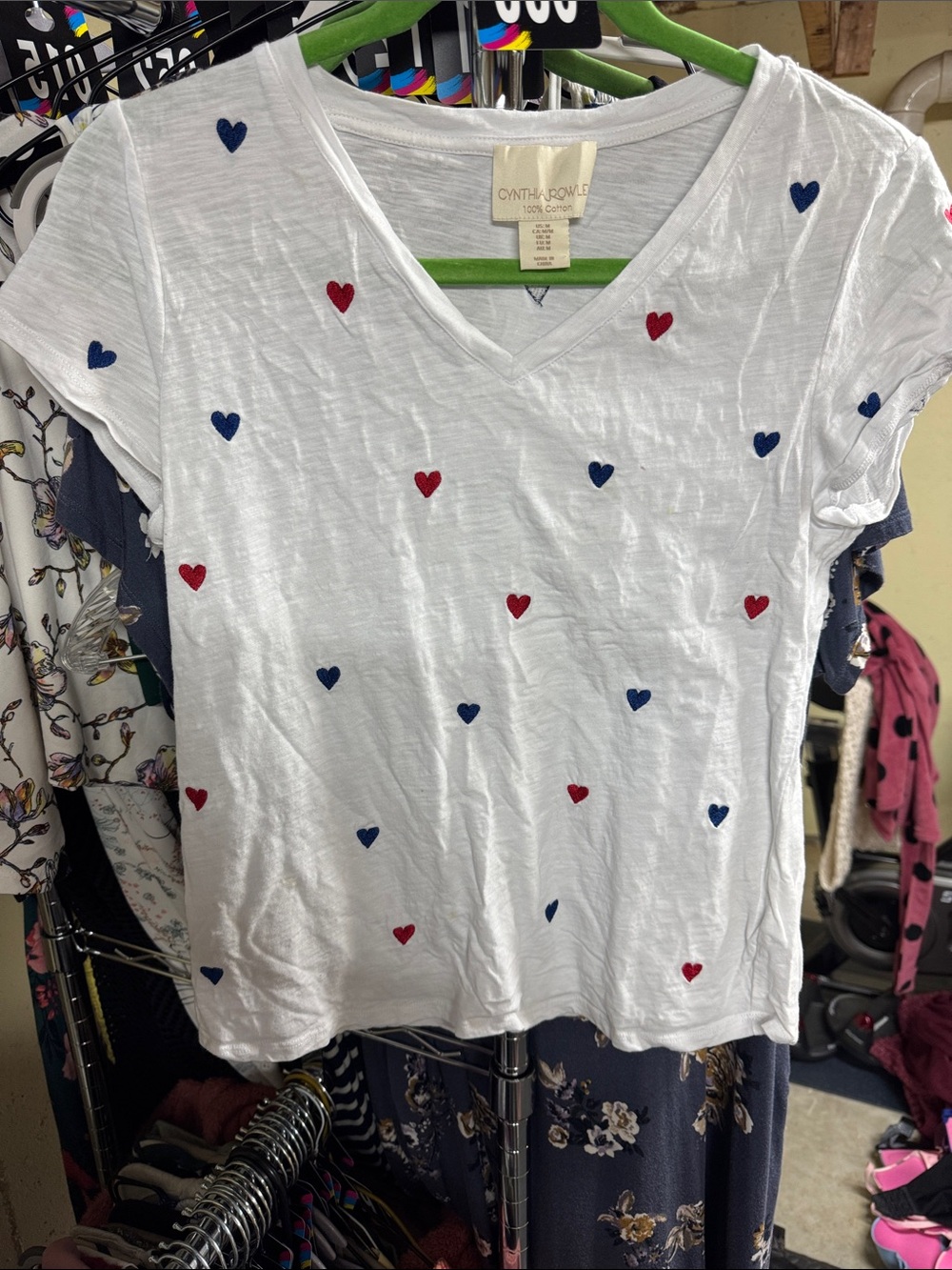 Cynthia Rowley White V-Neck Tee with Red & Blue Heart Accents